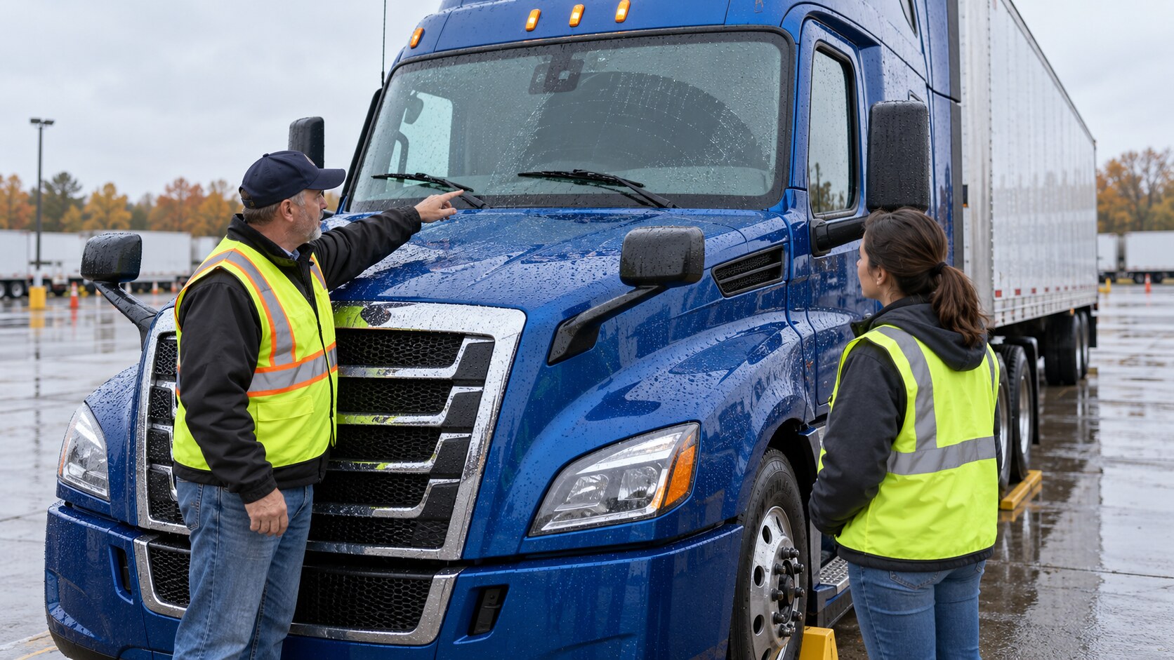 CDL instructor and trainee inspecting windshield wipers on a blue commercial truck in a rainy training yard