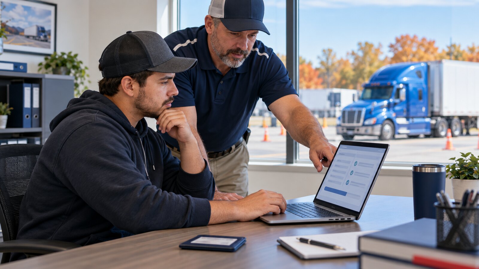 CDL trainee and instructor checking a training-completion record on a laptop inside a professional truck-driving school with a blue tractor-trailer outside