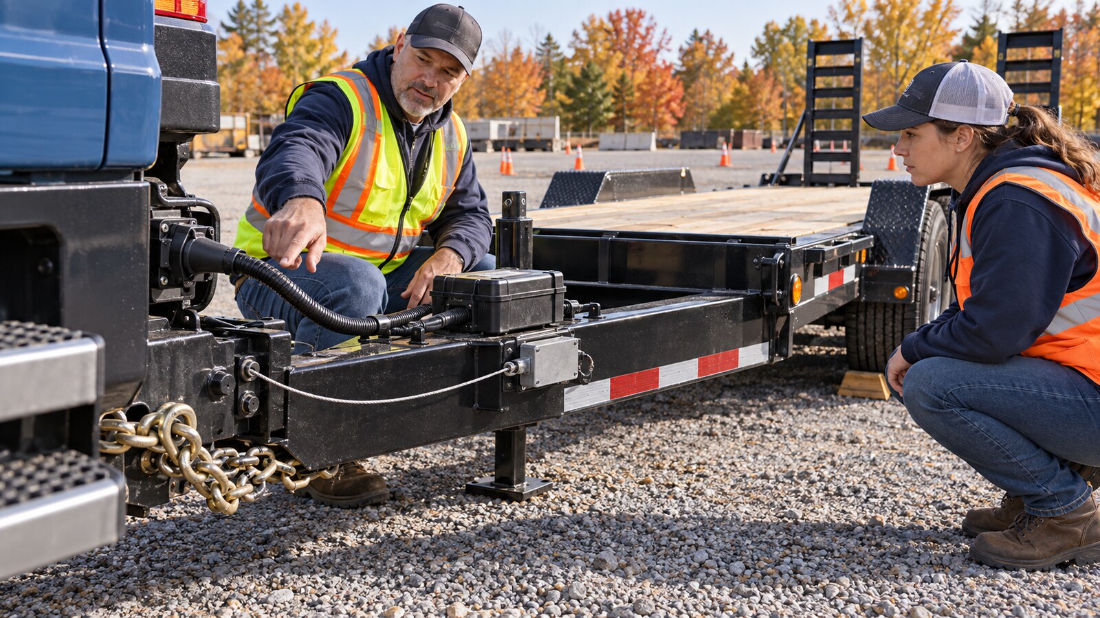 CDL instructor and trainee inspecting a vocational truck and equipment trailer electric-brake connector, protected wiring, breakaway switch cable, and battery box in a chocked training yard