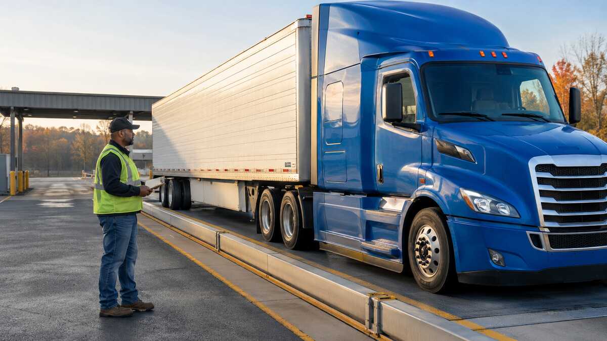 Commercial driver checking a blue tractor-trailer positioned on a truck scale