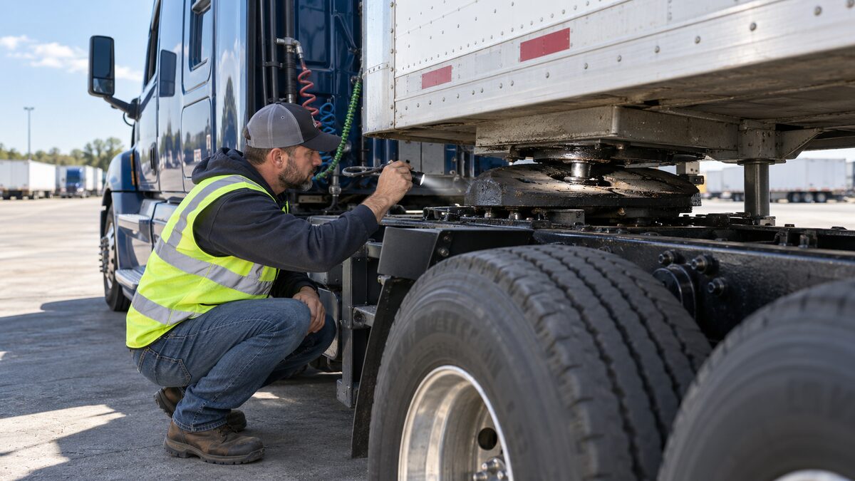 Commercial driver inspecting a coupled tractor-trailer fifth wheel with a flashlight
