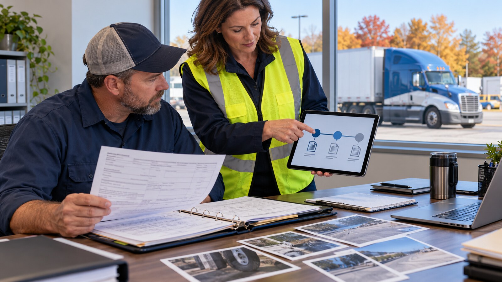 Commercial driver and fleet safety manager organizing an inspection report, evidence photos, and a three-stage review timeline beside a parked tractor-trailer