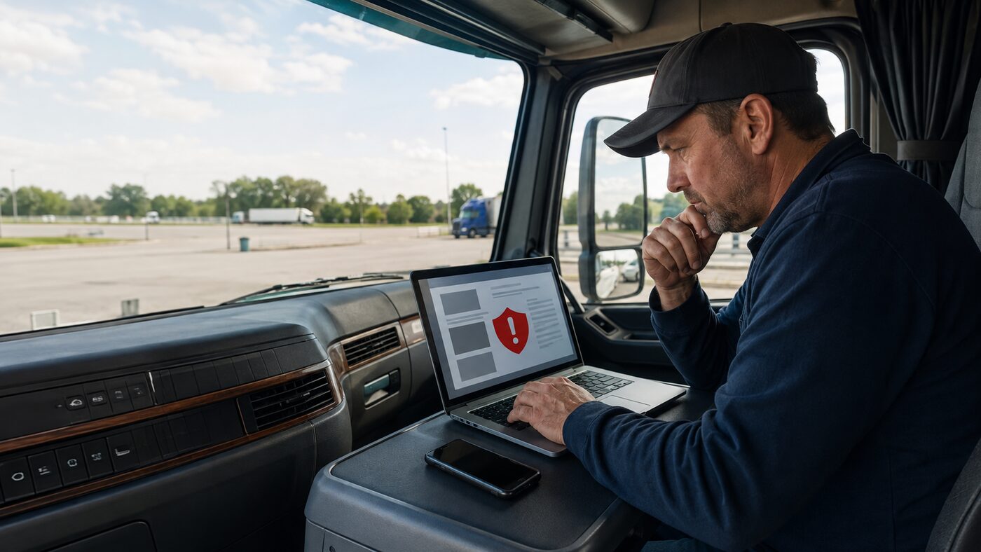 Owner-operator reviewing a suspicious email warning inside a parked semi-truck cab