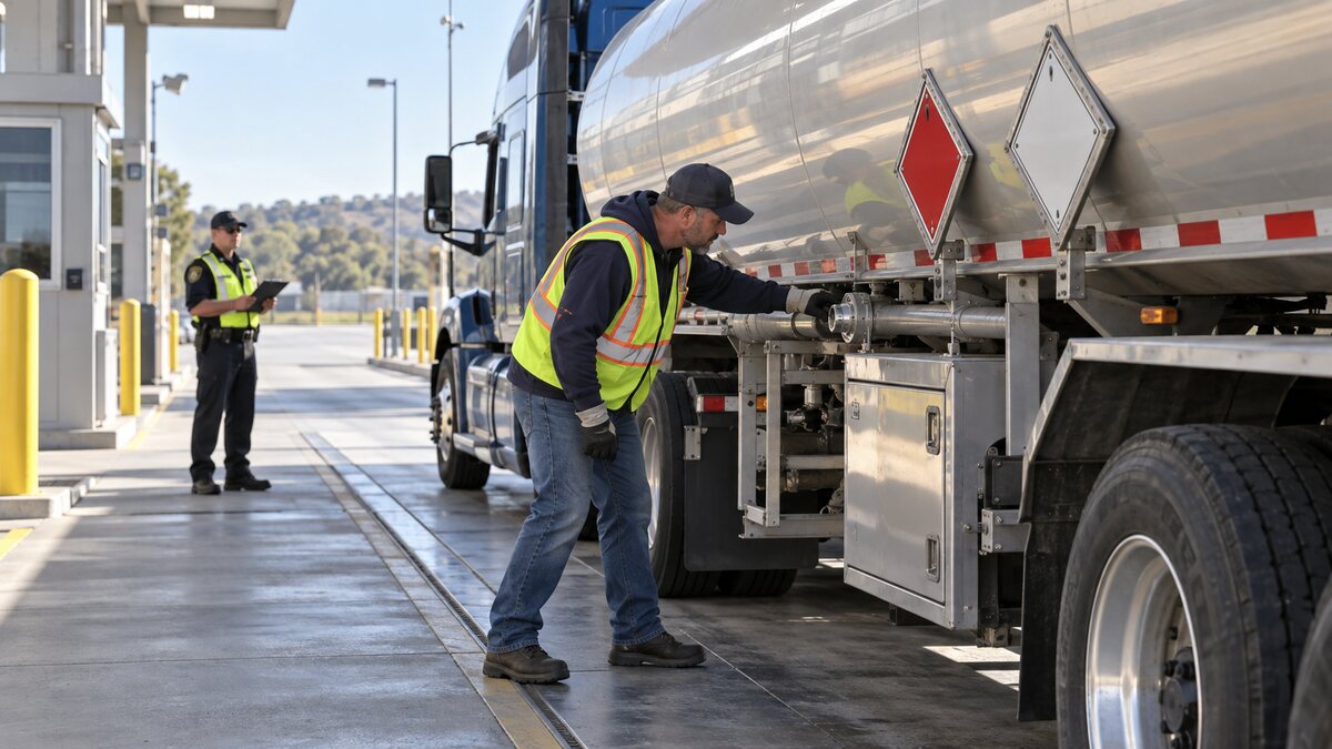Commercial hazmat driver inspecting a tanker trailer at a roadside inspection station