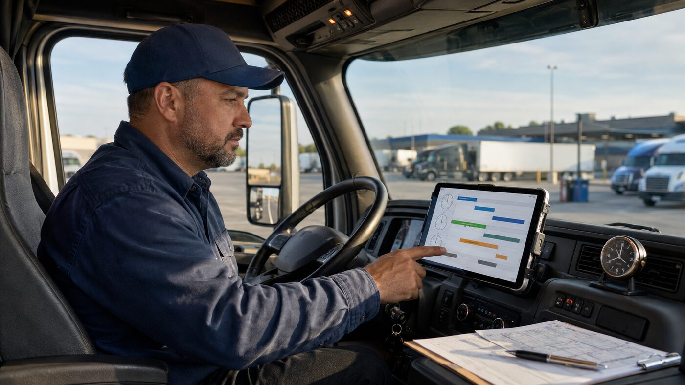 Commercial driver reviewing a generic electronic logbook timeline in a parked semi-truck cab