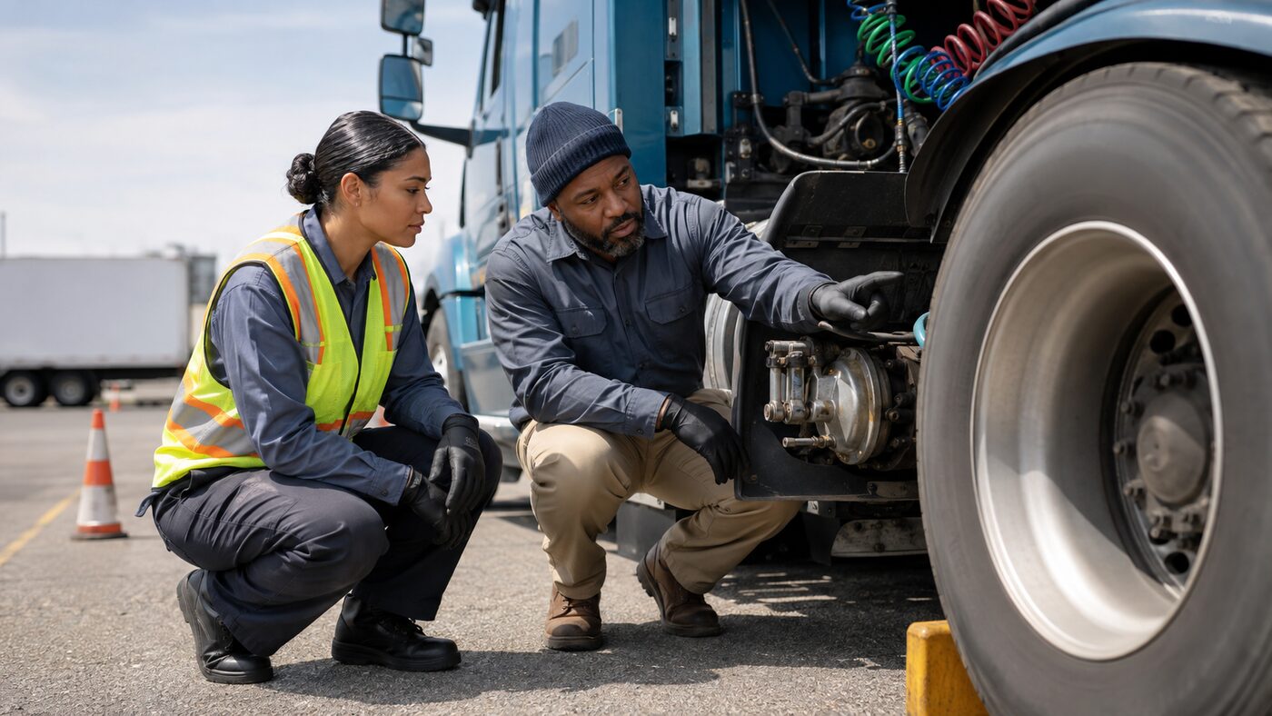 CDL student and instructor inspecting tractor-trailer brakes at a commercial driver training yard
