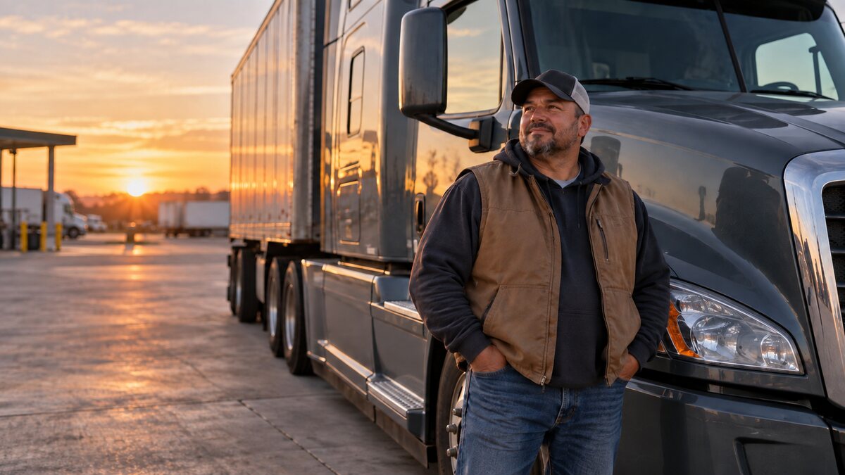 Professional commercial truck driver standing beside a Class 8 tractor at sunrise