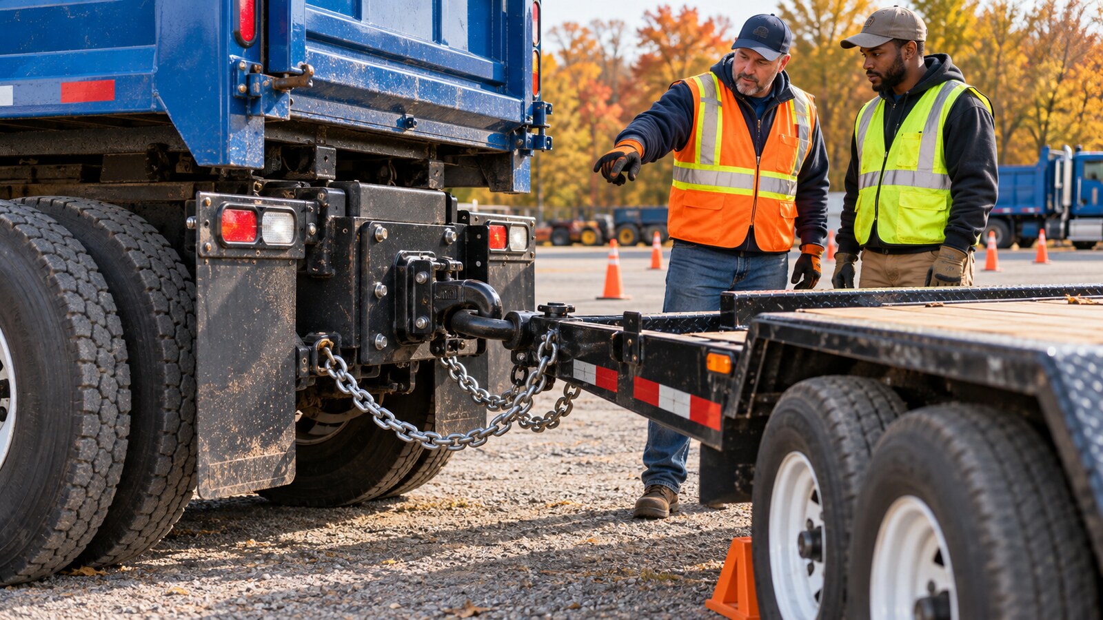 CDL instructor and trainee safely inspecting a closed pintle hook, seated lunette eye, secure mounting, and attached safety chains on a vocational truck and equipment trailer