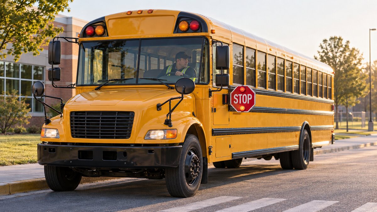 School bus stopped at a curb with its red stop arm extended while the driver checks mirrors
