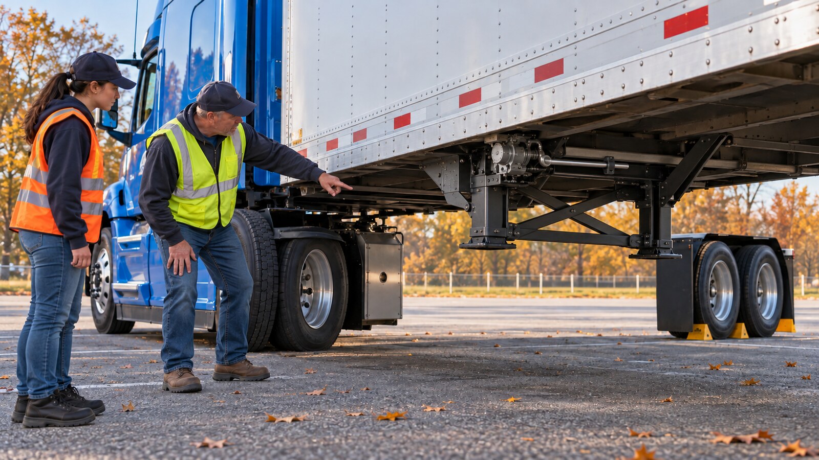 CDL instructor showing a trainee fully raised trailer landing gear, cross-bracing, feet, gearbox, and a secured crank handle in an autumn training yard