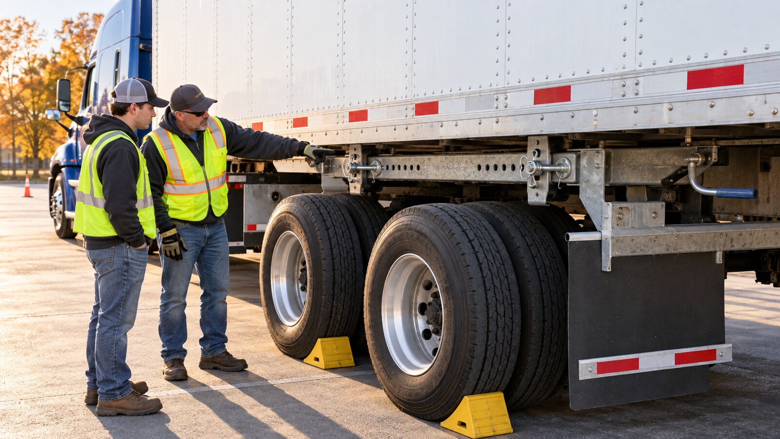 CDL instructor and trainee safely inspecting fully engaged trailer tandem locking pins, slider rails, and a secured release handle in an autumn training yard