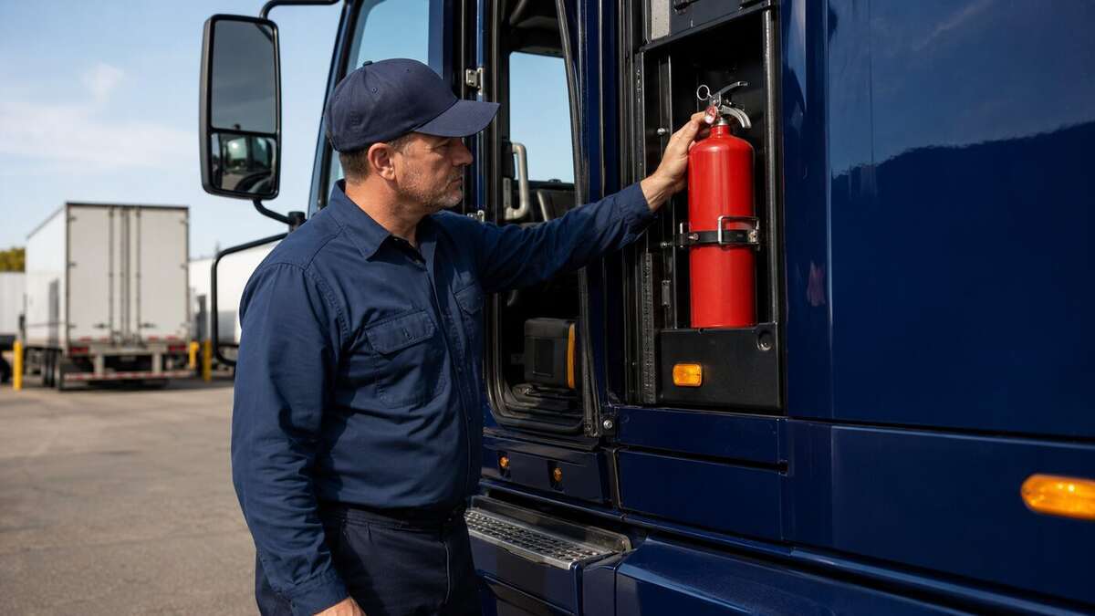 Commercial driver inspecting a securely mounted fire extinguisher in a semi-truck cab during a pre-trip inspection