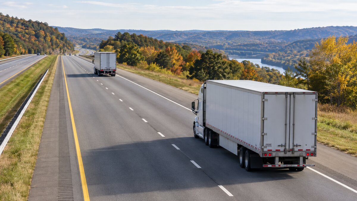 Commercial truck maintaining a wide following distance behind another tractor-trailer on a highway