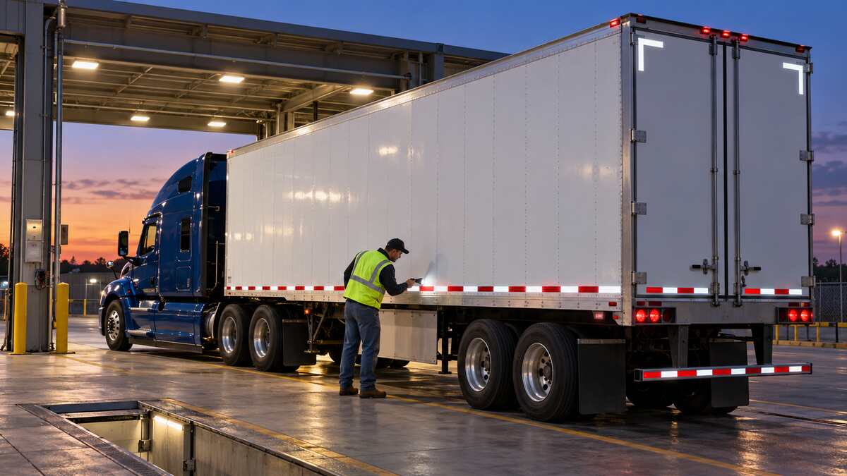Commercial driver inspecting reflective conspicuity tape on a tractor-trailer at dusk